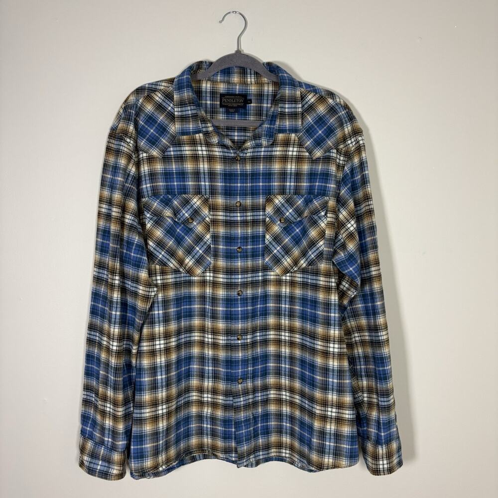 Men’s Pendleton Wyatt Western Shirt XL Blue Brown Tan Plaid Pearl Snap Cotton